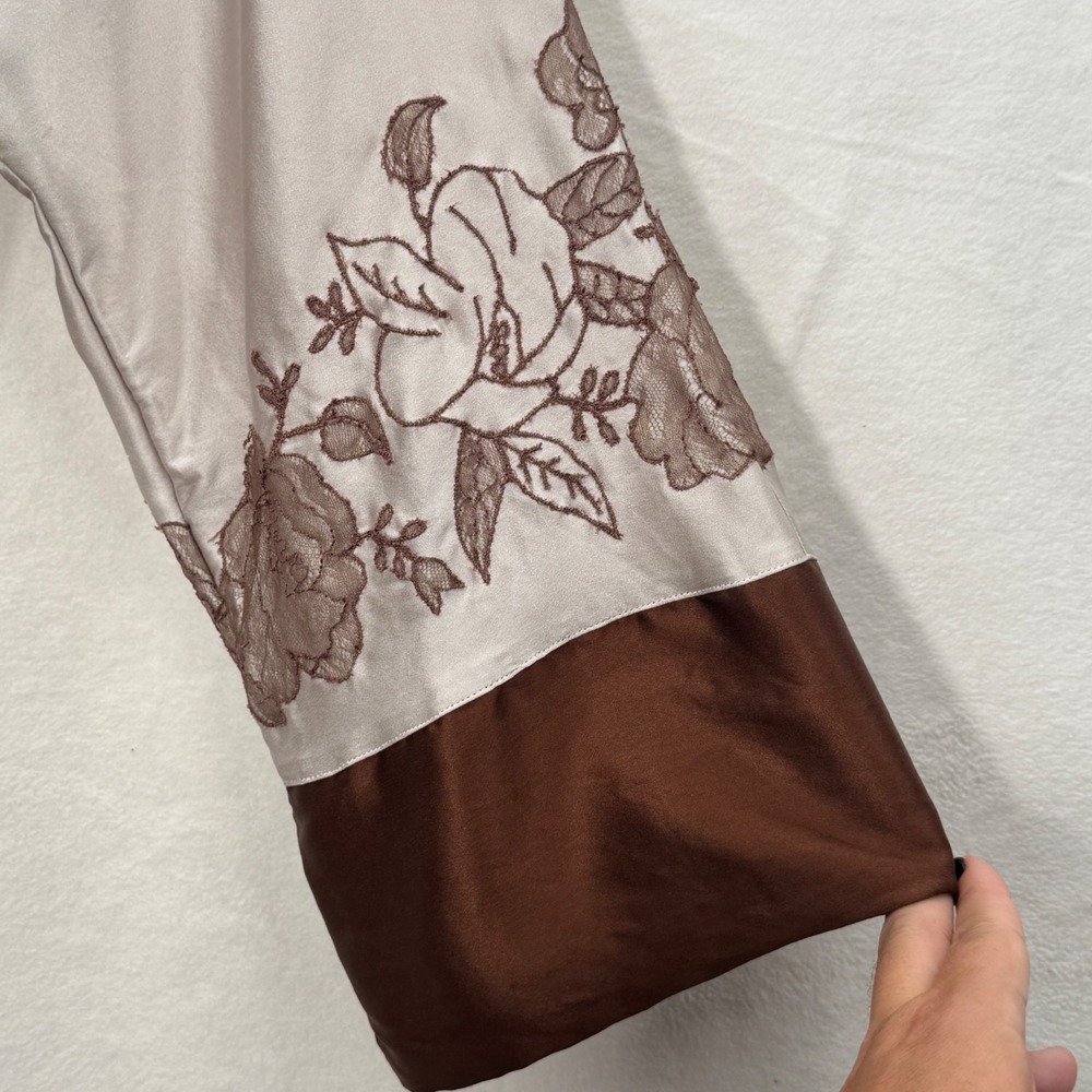 Frette Womens Silk Floral Embroidered Long Robe SM Cream Brown Italian Luxury - Picture 3 of 8